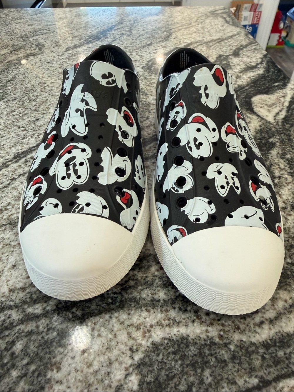 Native‎ Black Slip-On Loafers with White Cartoon Bear Print and Red Accents